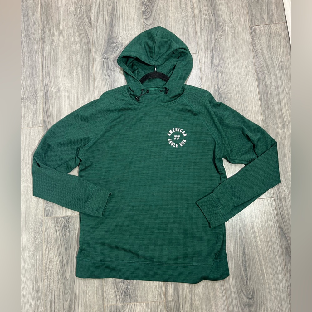 AMERICAN EAGLE Green LOGO Waffle Knit FLEX Hoodie PULLOVER Sweatshirt Large